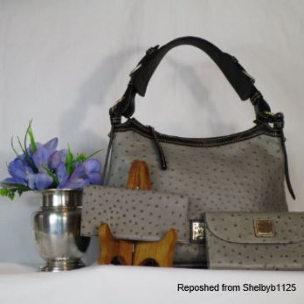 Dooney & Bourke Embossed Ostrich Style Leather Bag, Wallet, Checkbook Cover EUC
